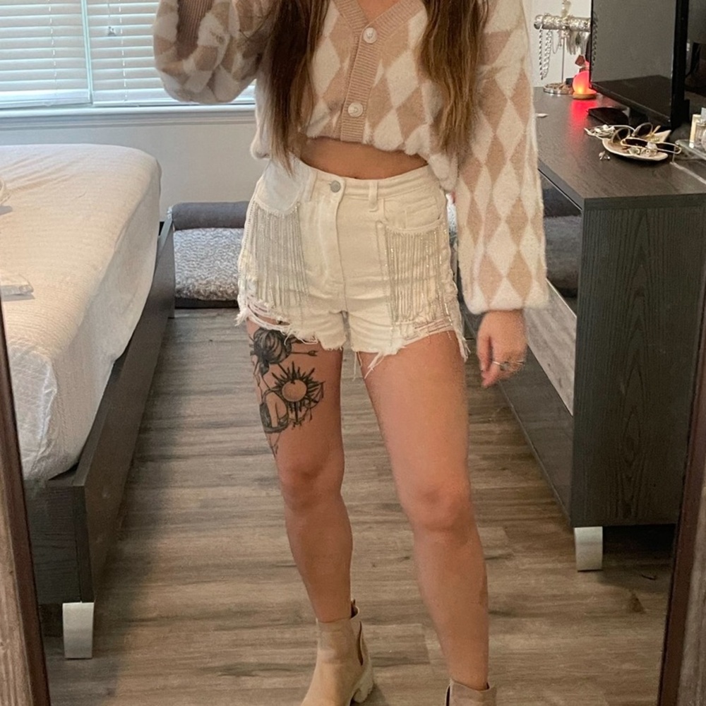 Blue B Ultra High Rise Rhinestone Fringe Short - Ivory